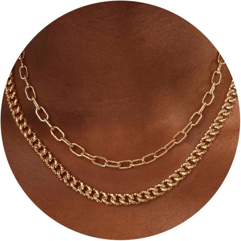14K Gold Chain  Plated Paperclip & Cuban Link Layered Choker Necklace - Trendy